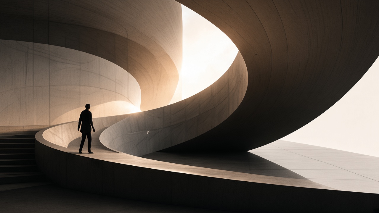 A figure walking an architectural path toward light