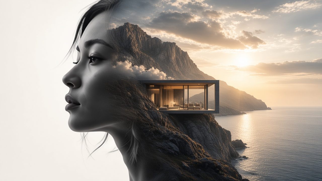 A profile opening onto a cliffside pavilion