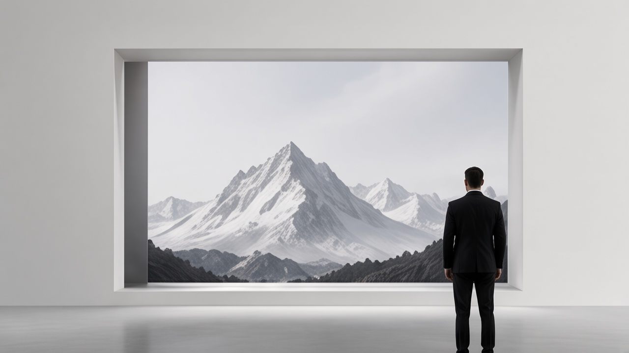 A person in a gallery, facing a mountain framed like a picture
