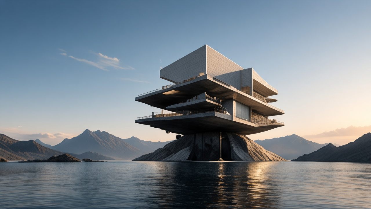 A cantilevered pavilion above still water