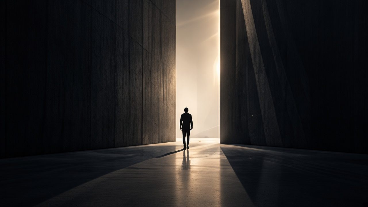 A figure walking toward a bright opening between dark walls