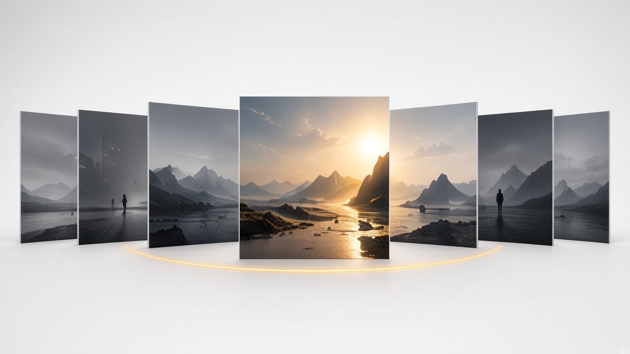Related prints gathering toward one sunlit frame