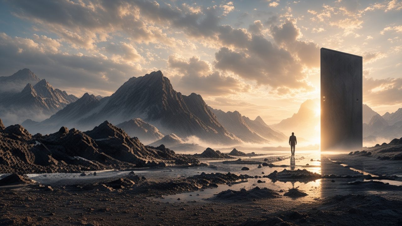 A figure walking toward a door standing in an open landscape