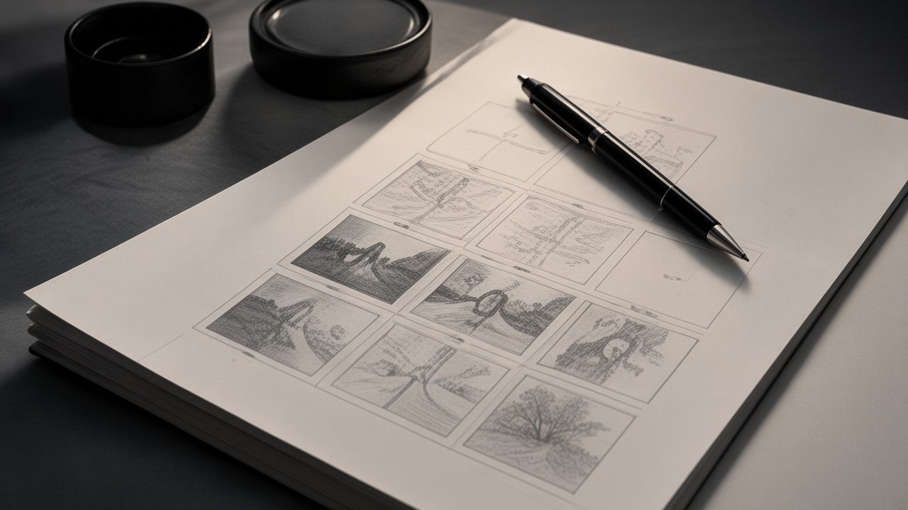 Storyboard sheets and a pen on a dark desk