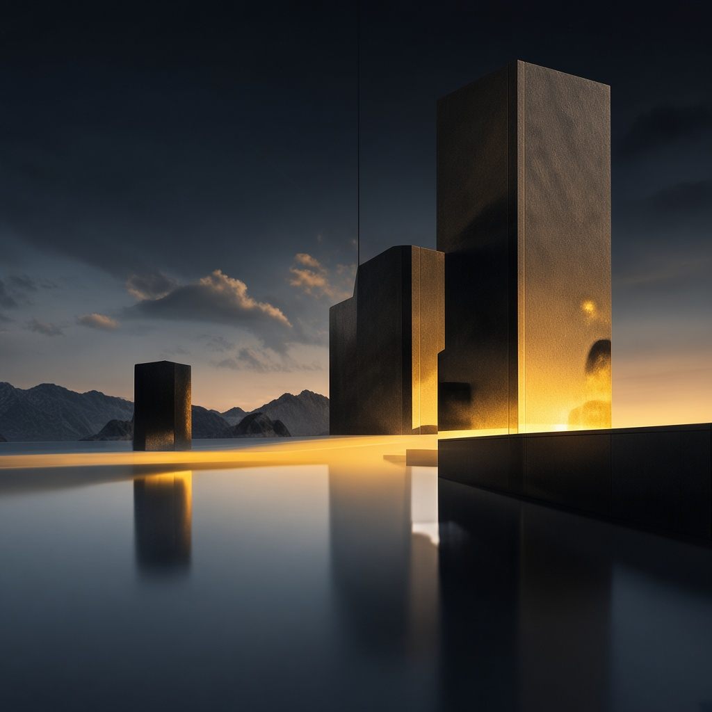 Monolithic forms reflected in still water