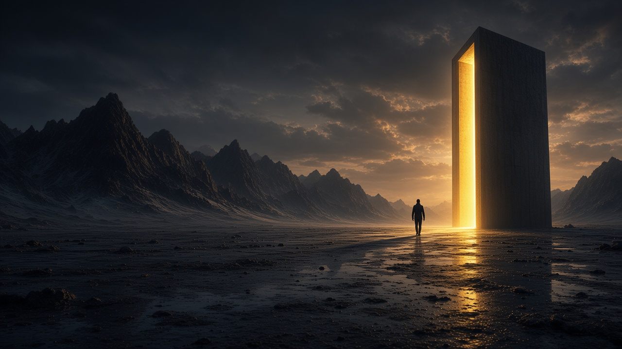 A dark landscape with a warm doorway leading forward