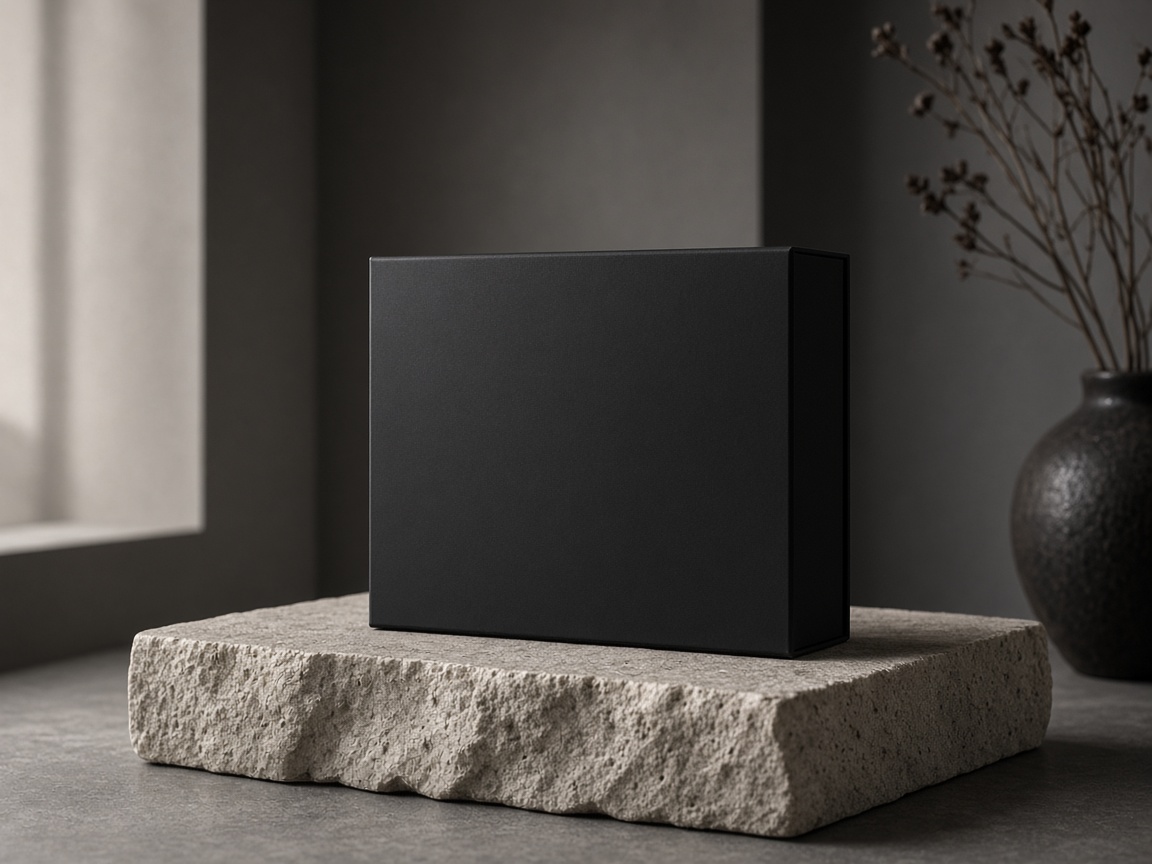 A considered black package on stone