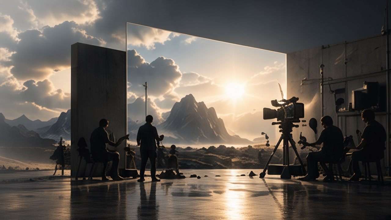 A film crew on a set opening onto a sunlit landscape