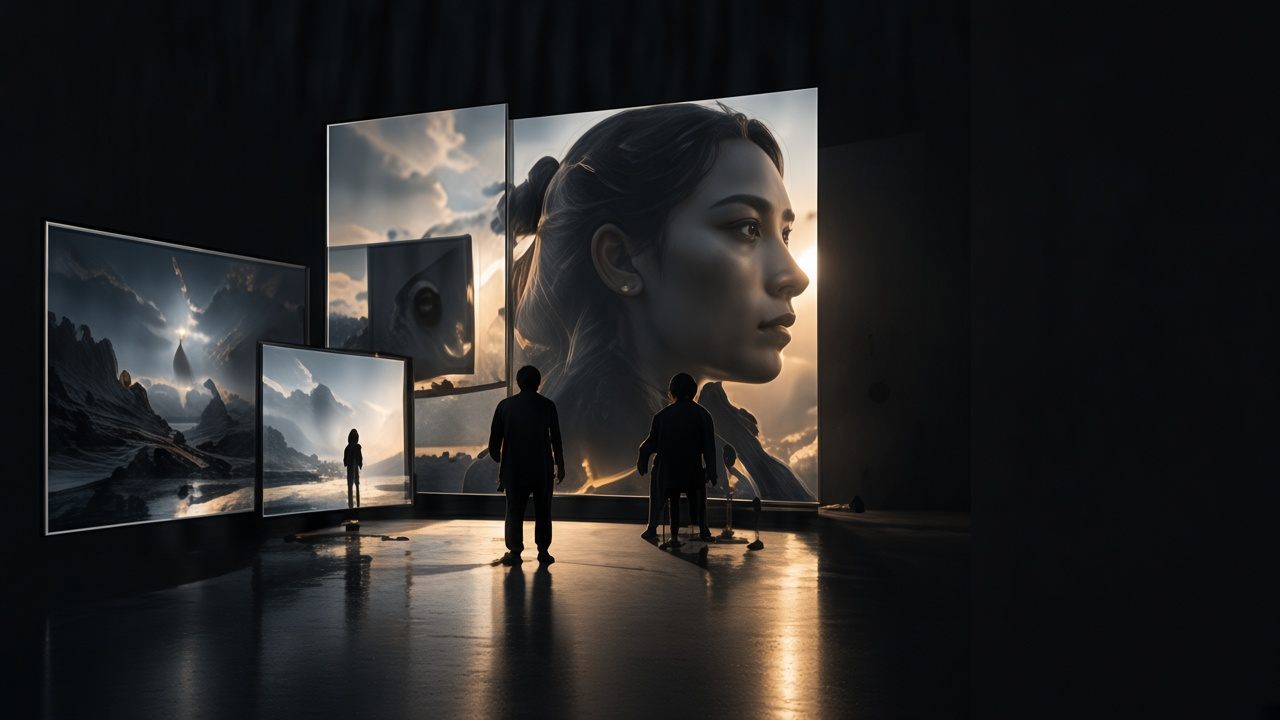 People standing before a wall of cinematic screens