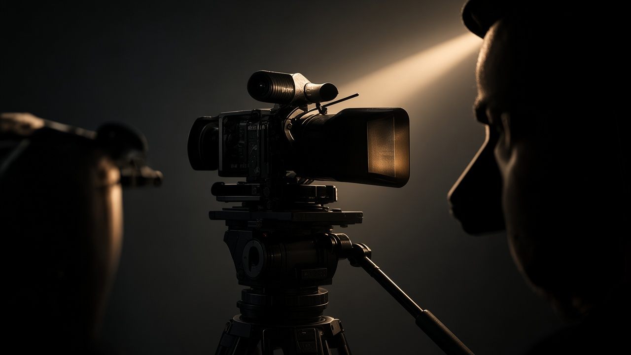 A cinema camera on a dark set
