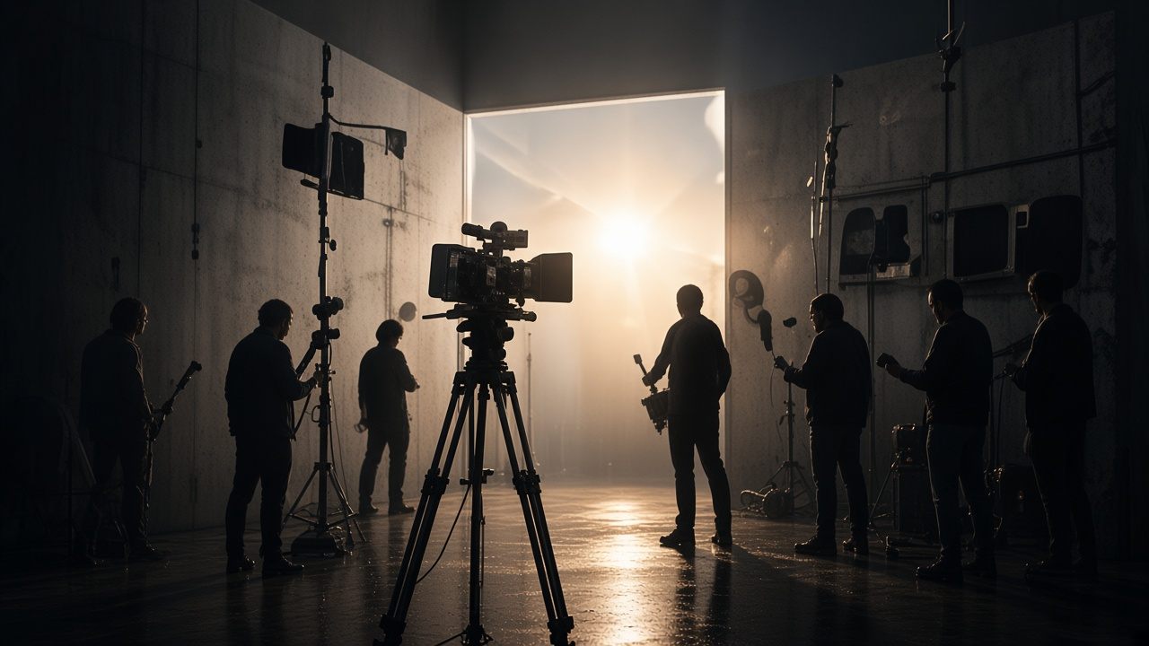 A crew and camera on a controlled set