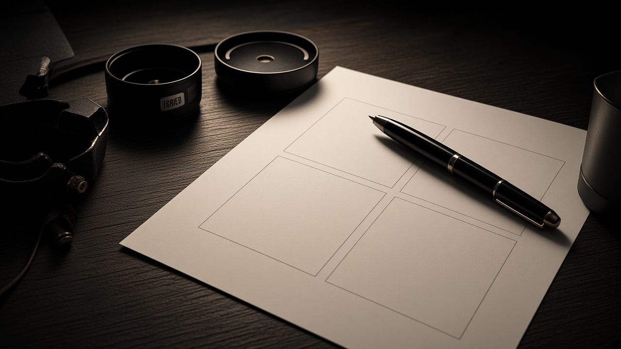 A storyboard sheet and pen on a dark desk