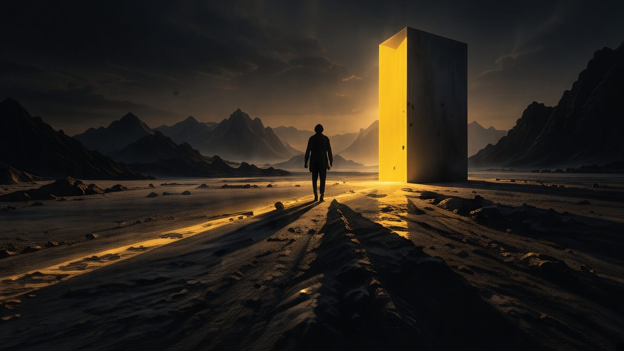 A figure walking toward a warm doorway in a dark landscape