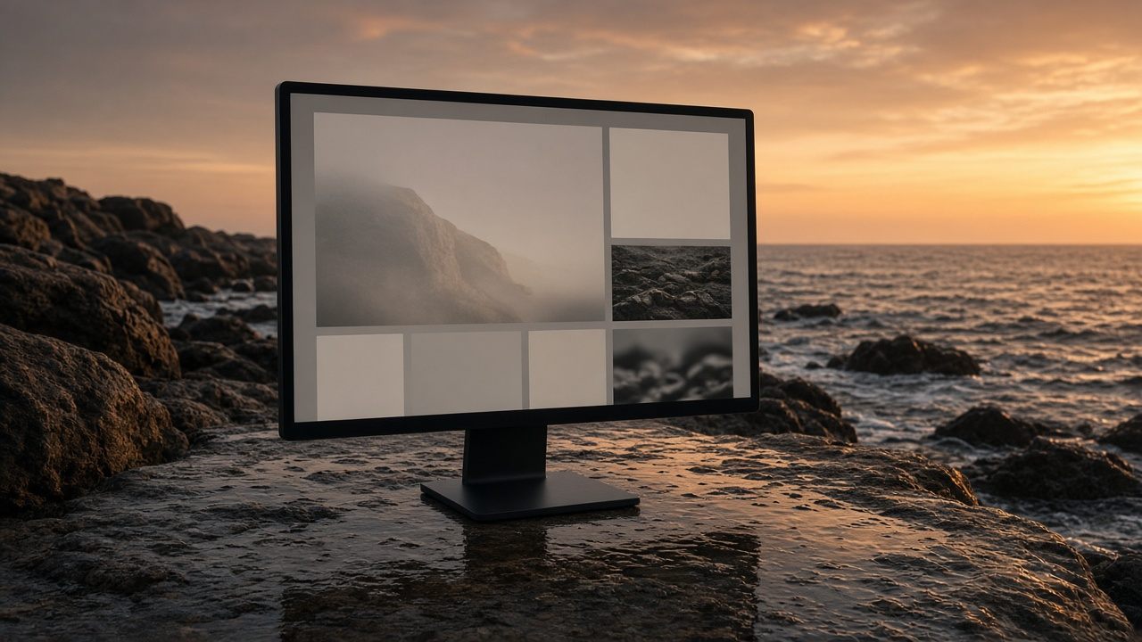 A monitor standing on a rocky shore at sunset