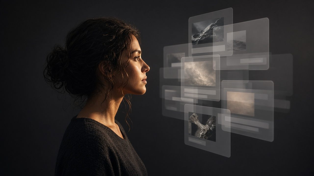 A person looking toward layered digital panels