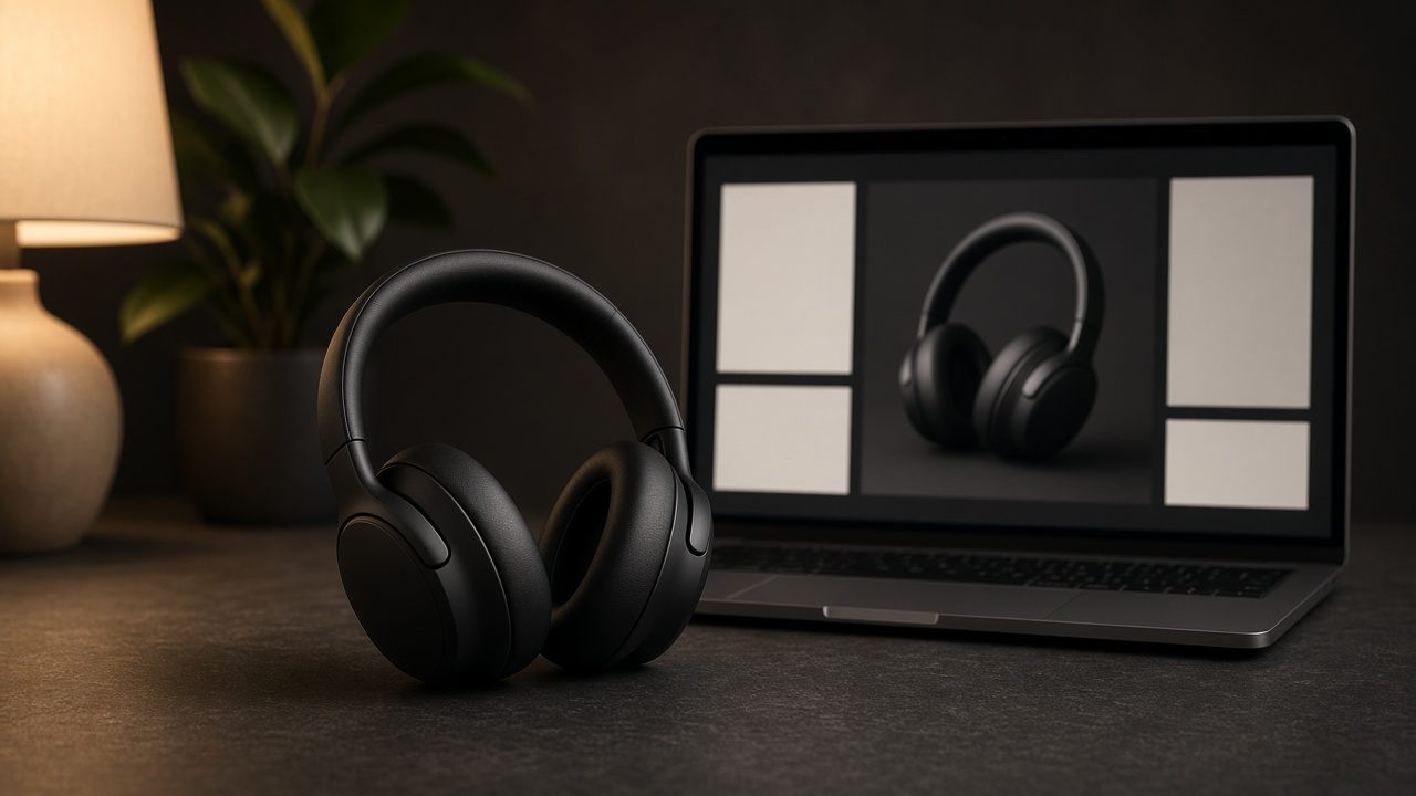 Headphones presented in a quiet store interface