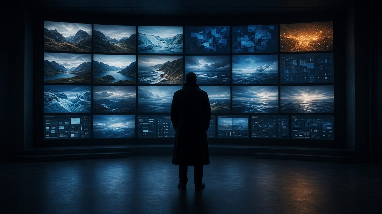 A person facing a wall of screens