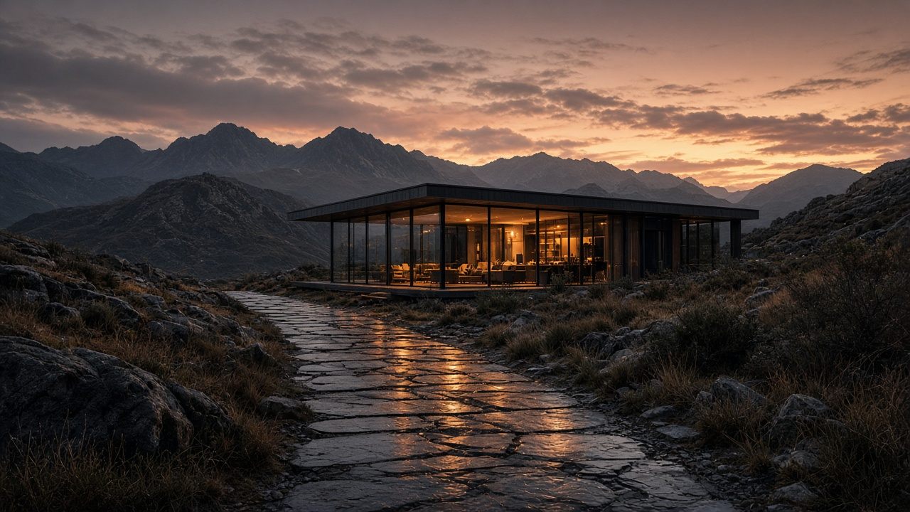 A glass house glowing in a mountain landscape