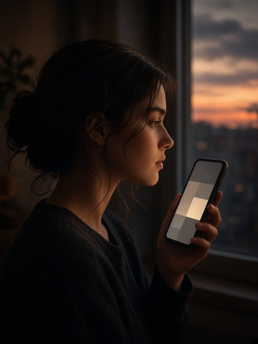 A person holding a phone in warm evening light