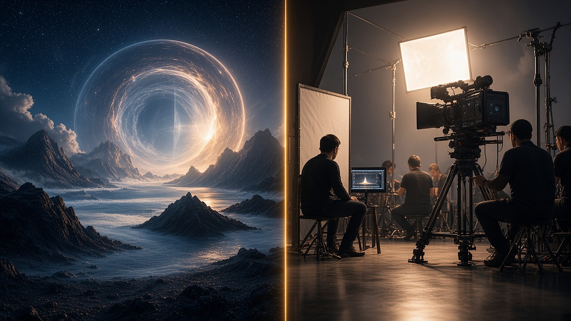 An imagined landscape meeting a working film studio, divided by a thin golden line