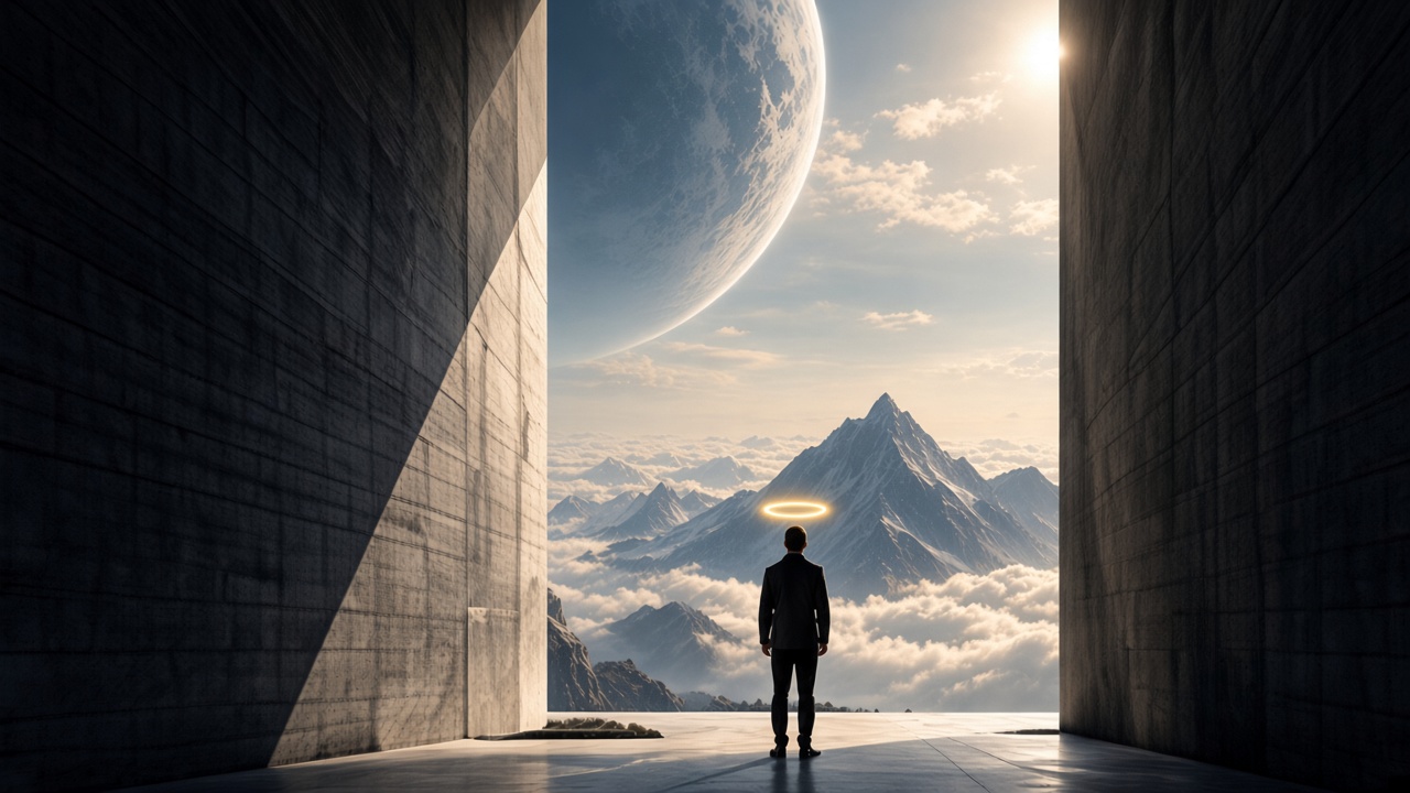 A person crowned by a small golden halo stands in a concrete opening, looking toward a vast landscape