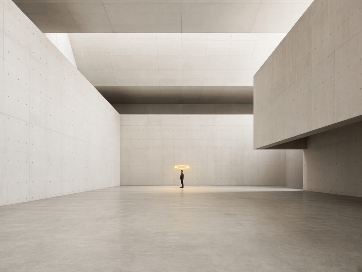 A lone person with a small golden halo standing in a vast, minimal concrete hall