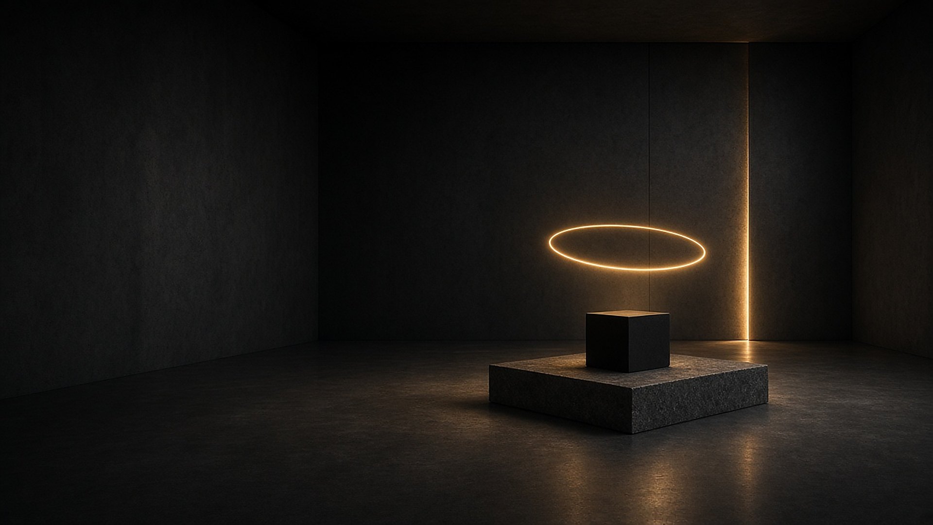 A blank black cube on a stone plinth beneath a small golden halo, with a seam of warm light opening in the dark wall behind