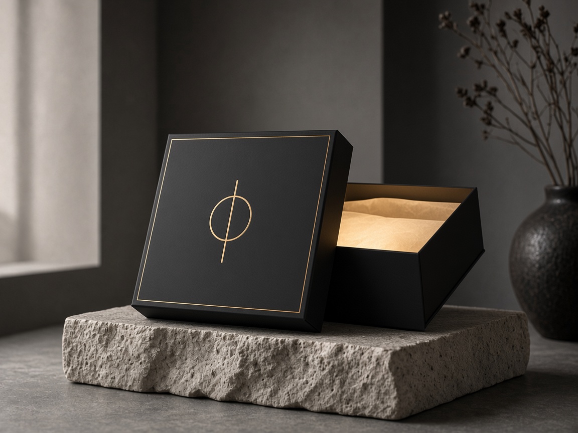 An open matte black gift box glowing softly from within, its lid marked with a single gold monogram, resting on a stone plinth