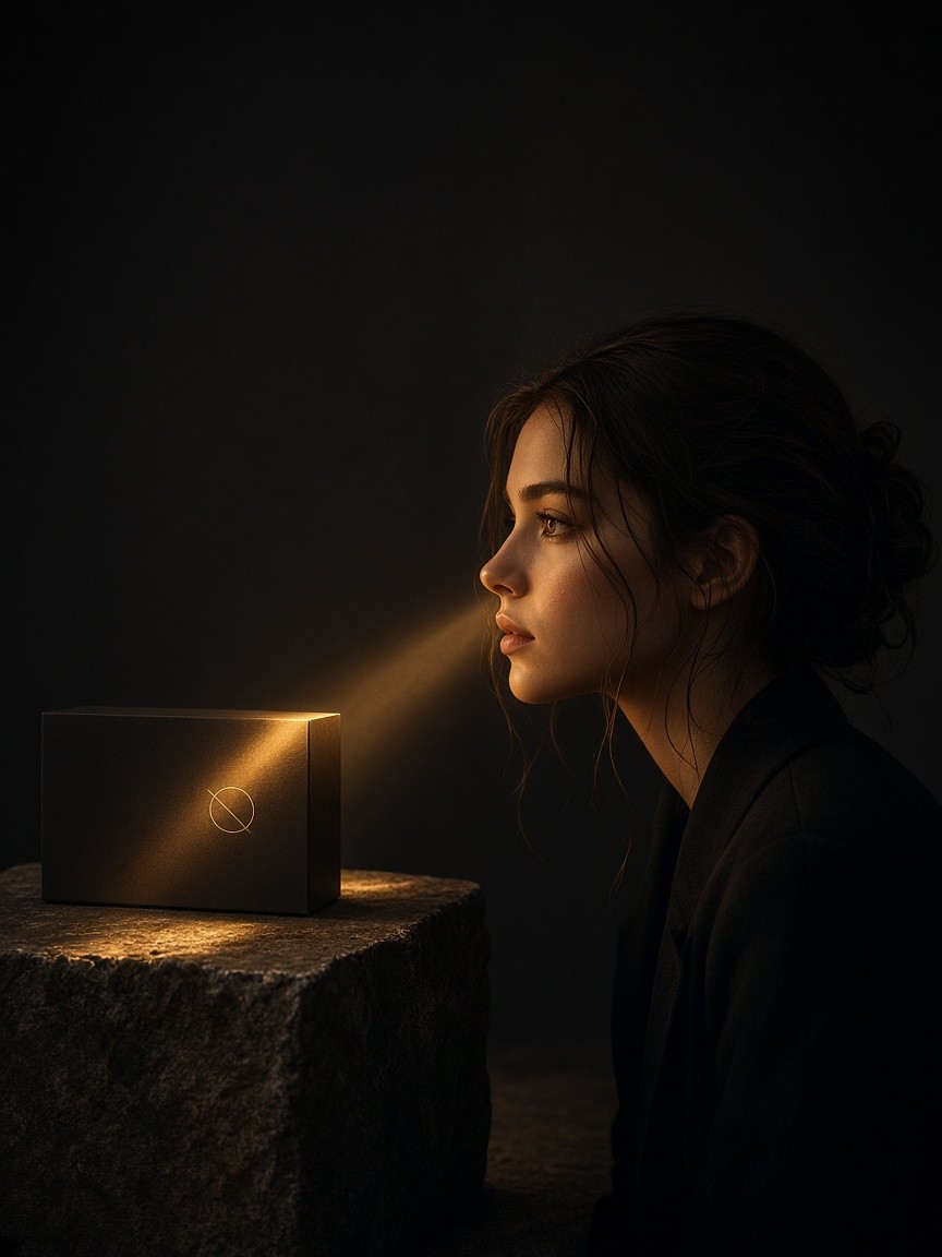 A woman in profile, drawn instinctively toward a softly lit black product box on a stone plinth