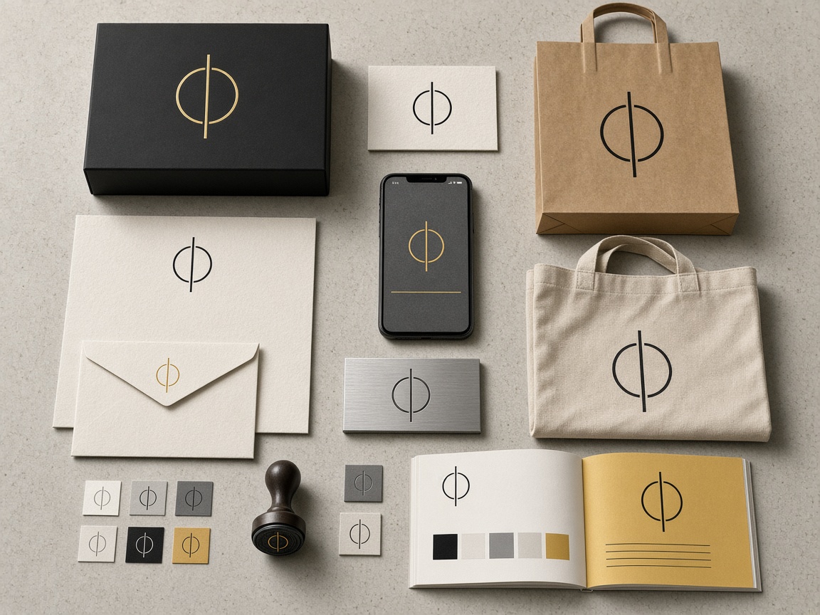 One brand identity applied consistently across packaging, stationery, a phone screen, signage, bags and a brand guideline book