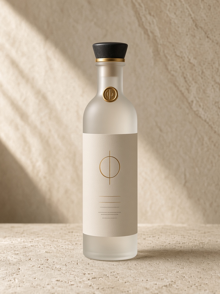 A premium frosted glass bottle with a black stopper, gold wax seal and a cream label carrying a single gold monogram