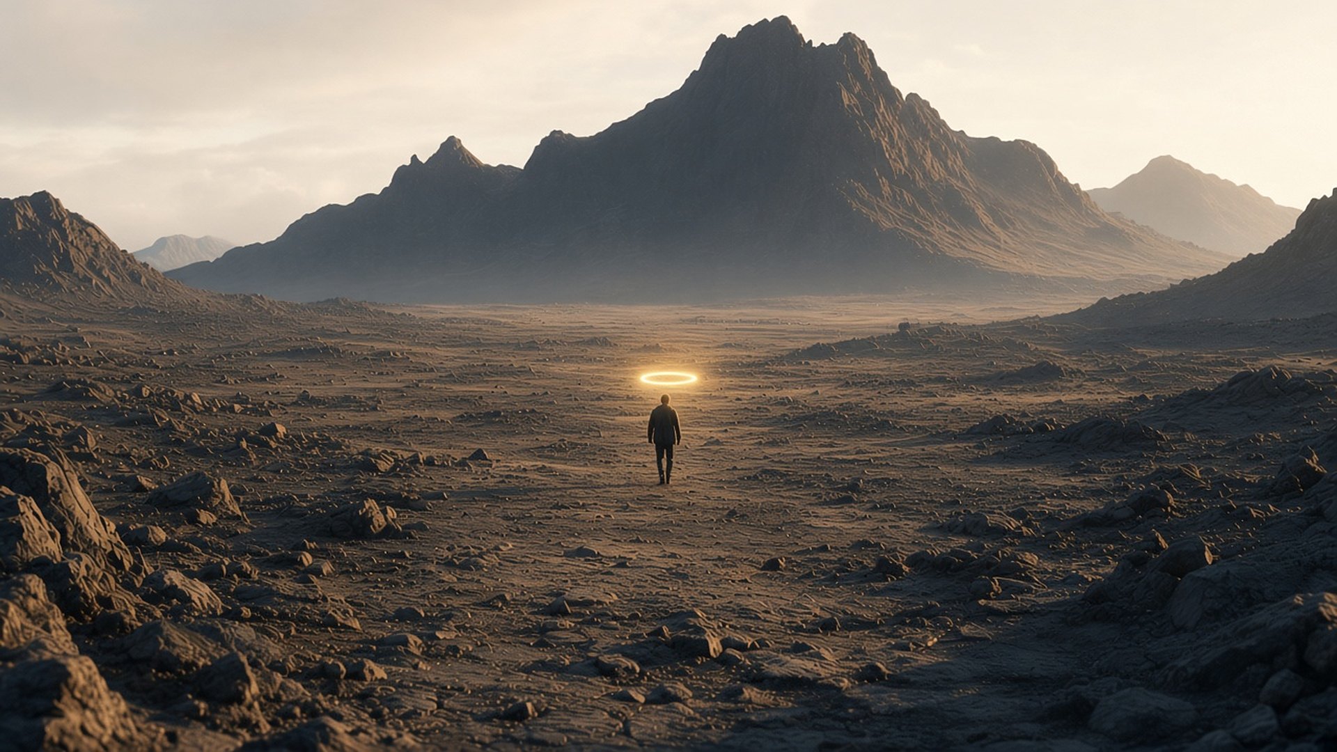 A lone figure with a small golden halo walking through a vast mountain landscape