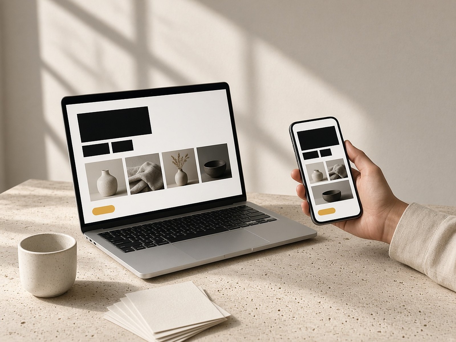 The same website open on a laptop and a phone on a stone desk in soft daylight