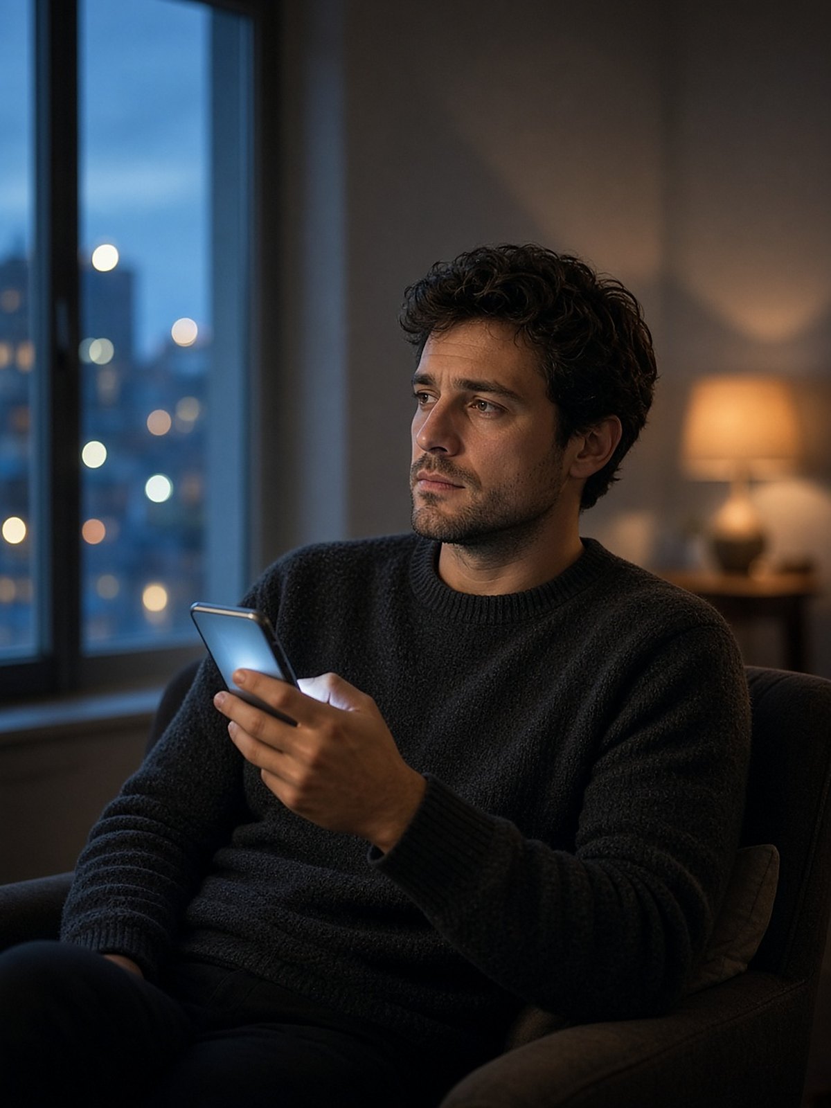 A man paused in an armchair at dusk, phone in hand, thinking before he decides