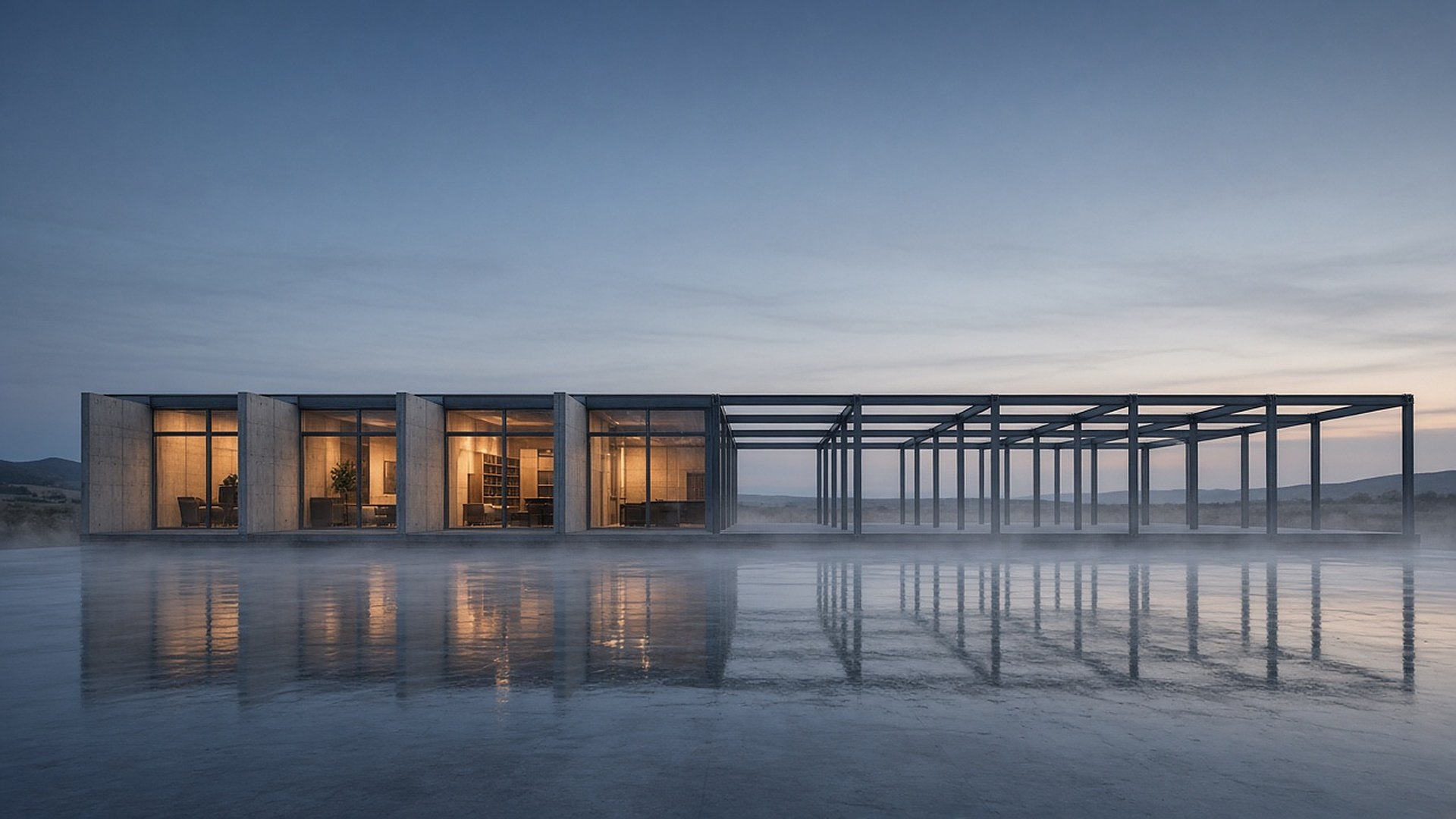 A modular building at dusk, its finished rooms lit while the same steel frame extends beyond them, ready to grow