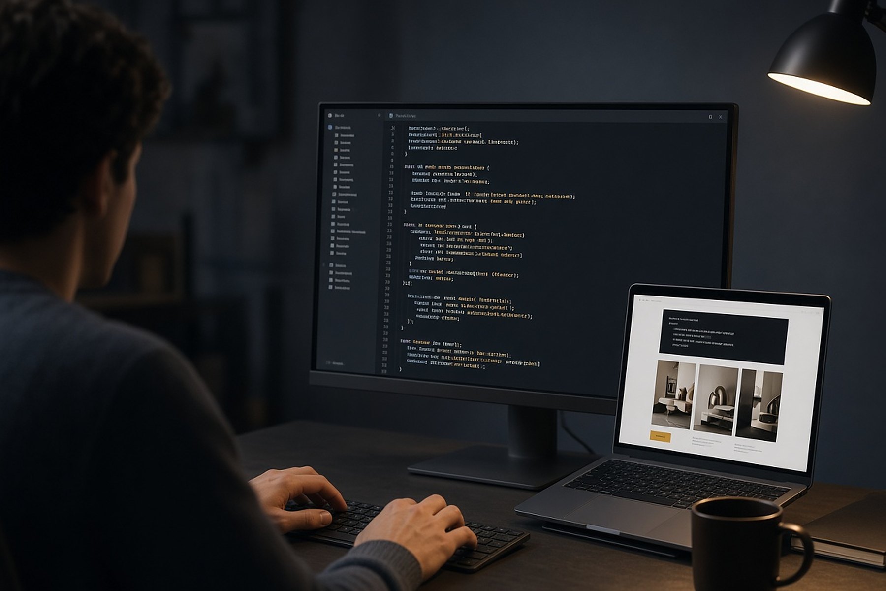 A developer writing code on a monitor while the live web page it builds appears on a laptop beside it