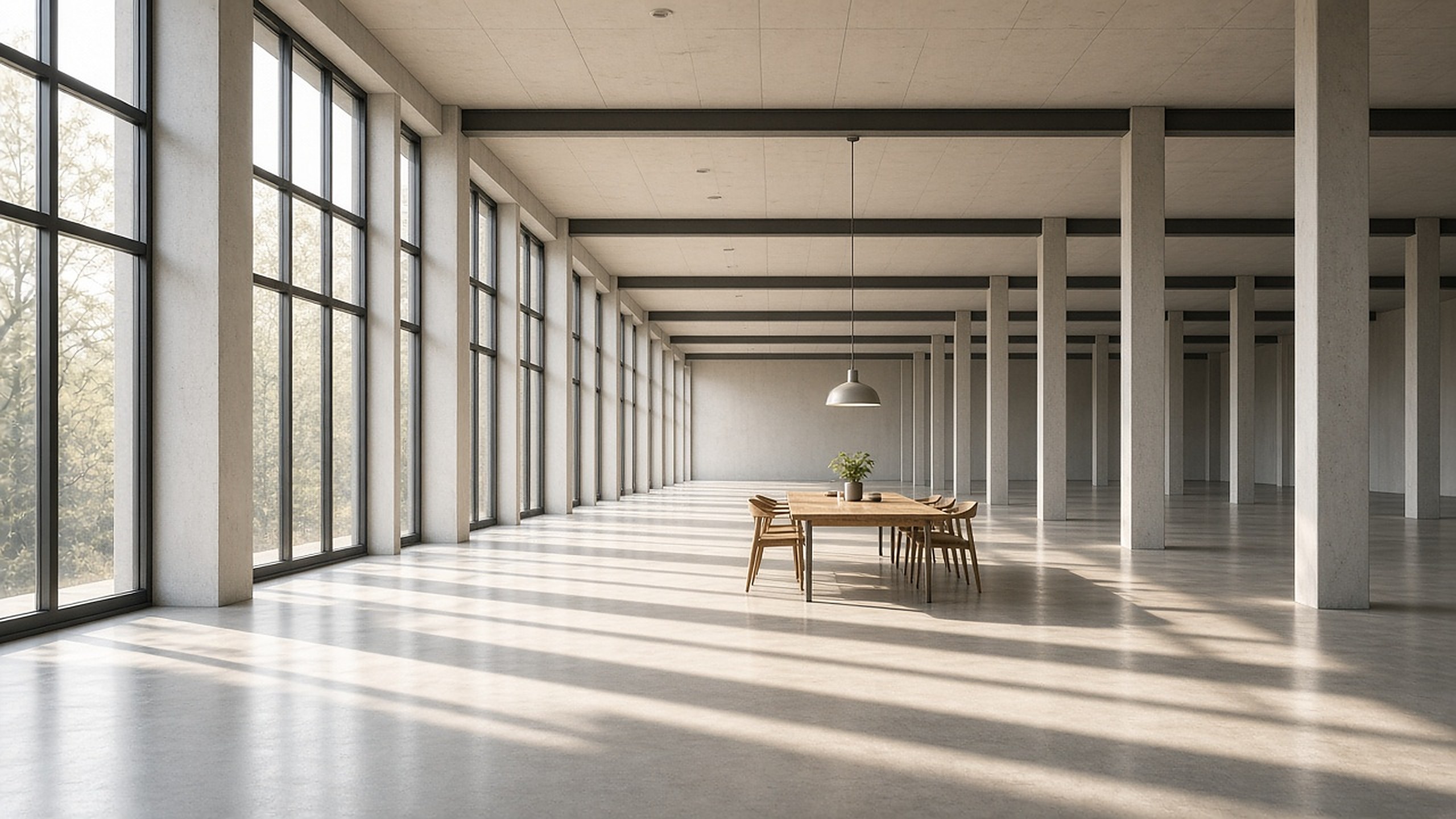A vast open concrete interior in morning light, with one small work table and plenty of room to grow