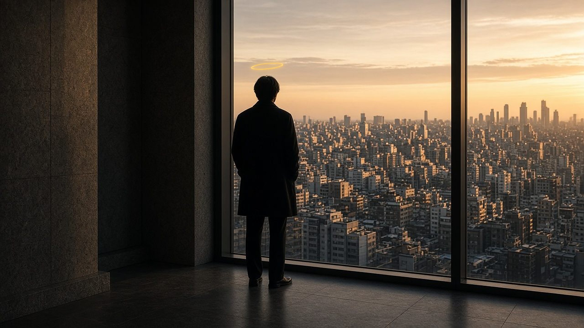 A person with a golden halo looking over a city from a tall window at dusk