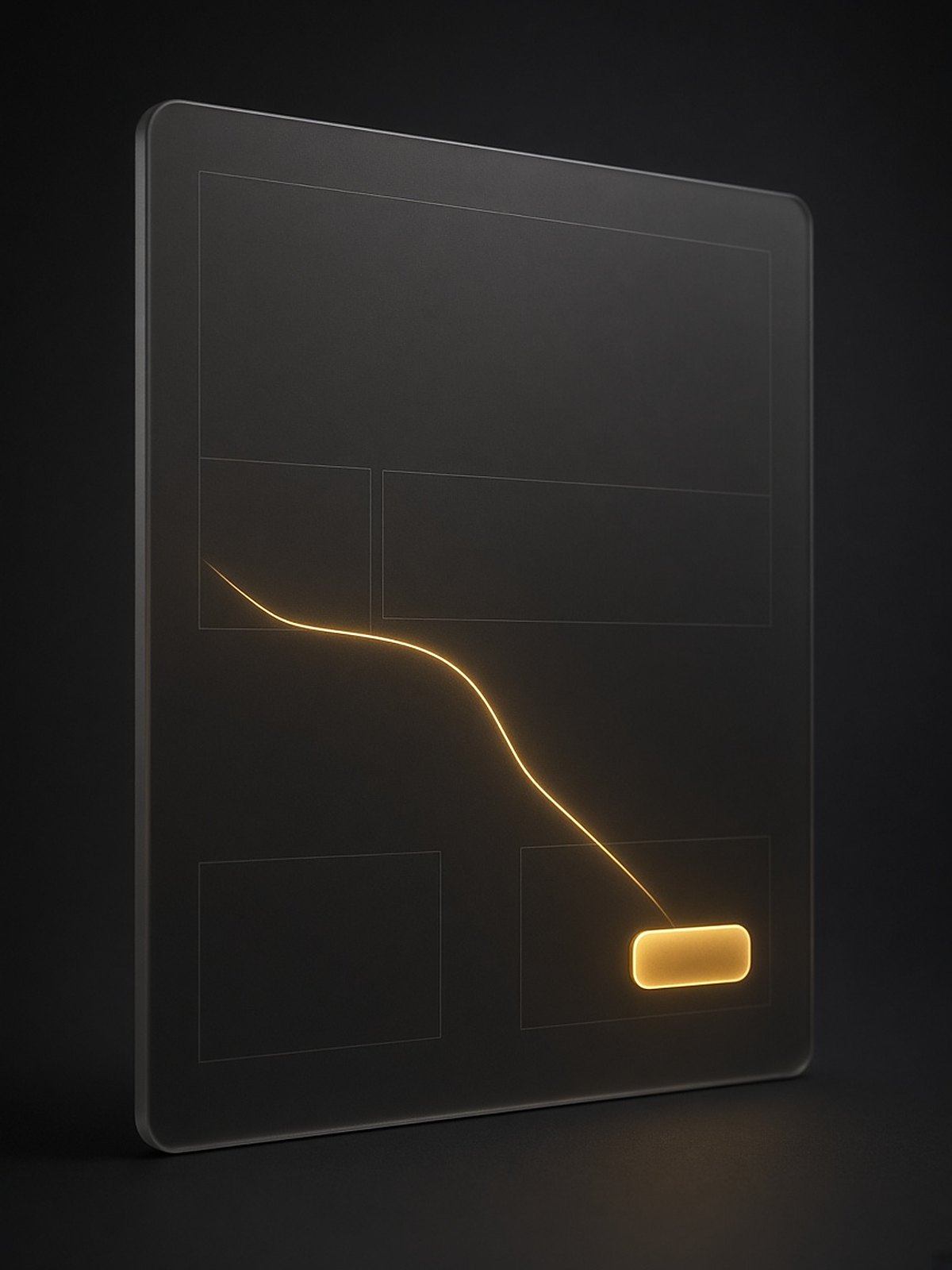 A dark glass interface where a single gold line leads to one glowing button