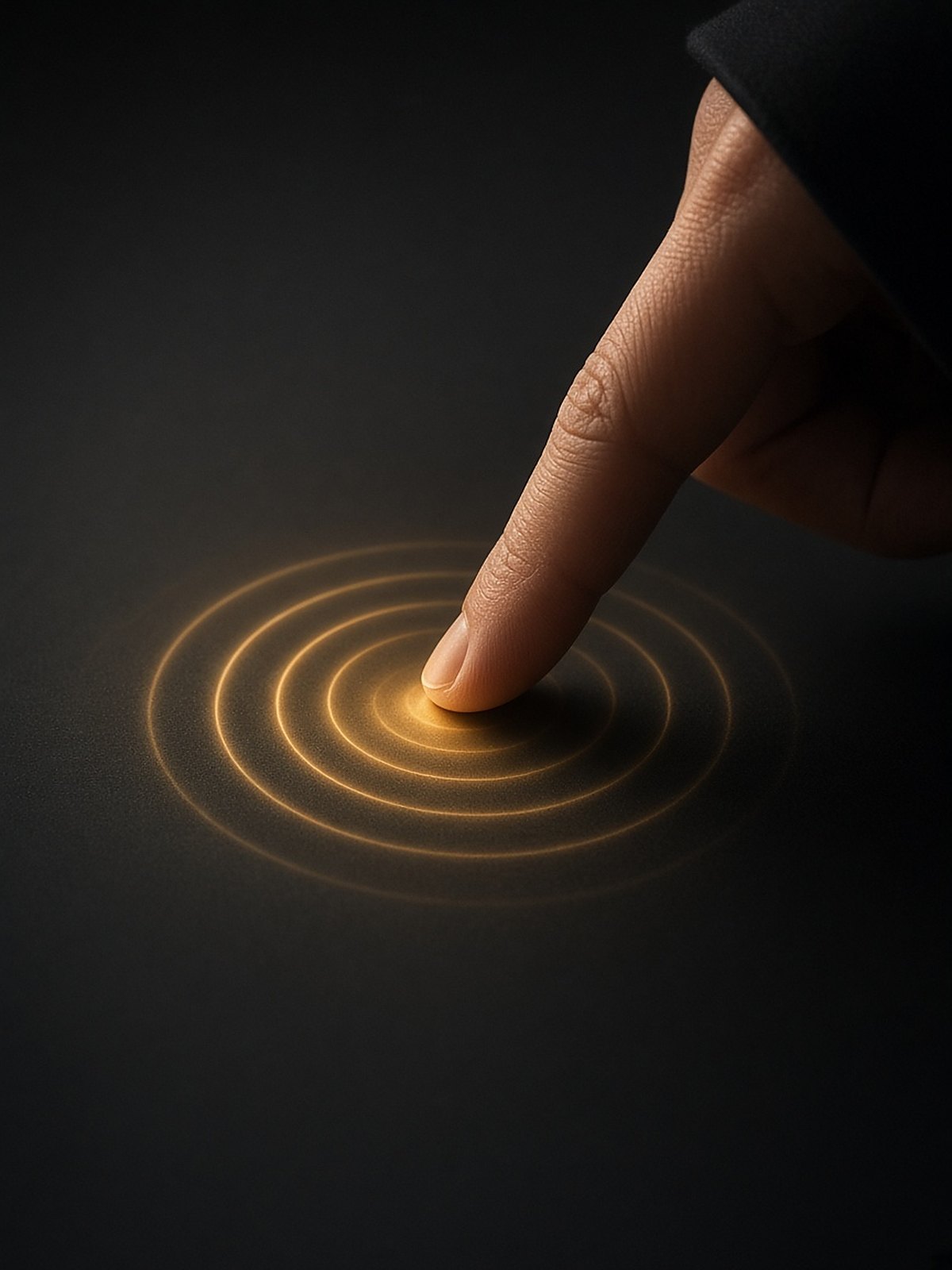 A fingertip touching a dark screen as gold rings of light spread from the touch