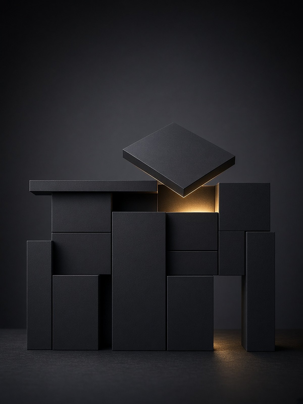 Modular dark blocks arranged like a layout grid, with one block being moved into a lit gold slot