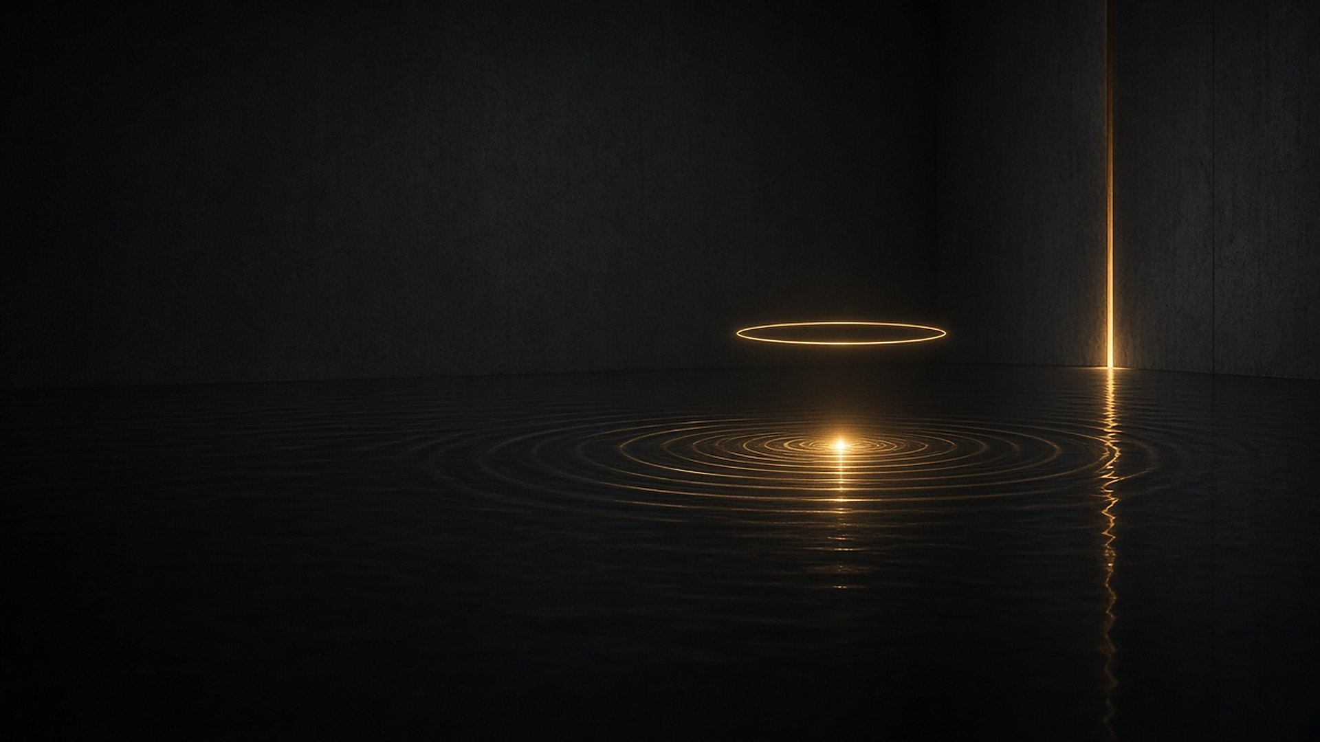 A point of golden light touching dark still water, sending ripples outward beneath a small floating halo