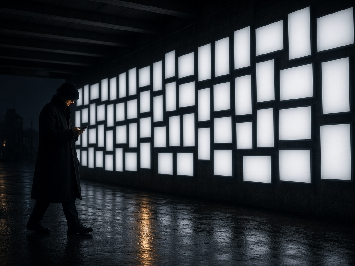 A person walks past a wall of identical glowing blank panels, eyes on their phone, ignoring all of them