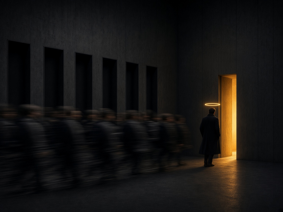 A blurred crowd streams past blank wall panels while one person, crowned by a small golden halo, walks with intent toward a warm golden doorway