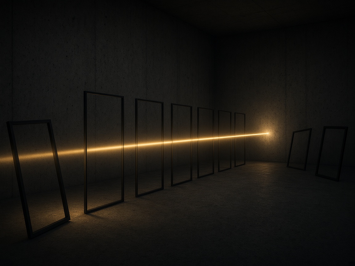 A single beam of golden light passes cleanly through a line of aligned frames, while frames standing out of line remain dark