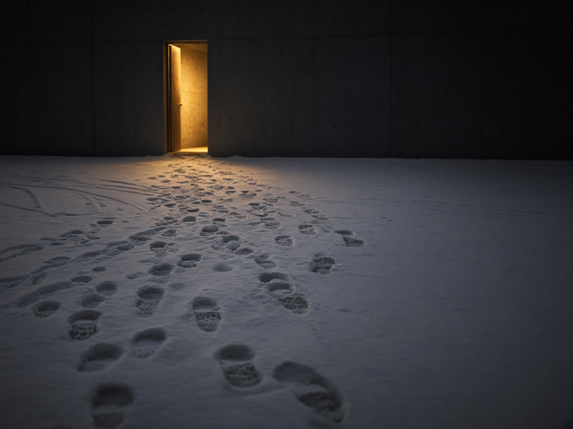 Many trails of footprints in fresh snow converge on a single warmly lit doorway, while the rest of the wall stays untouched