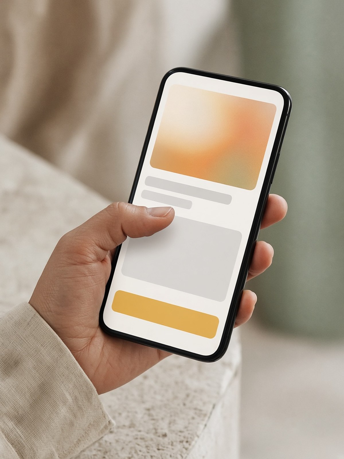 A hand holding a phone with a clean, minimal app interface in soft daylight