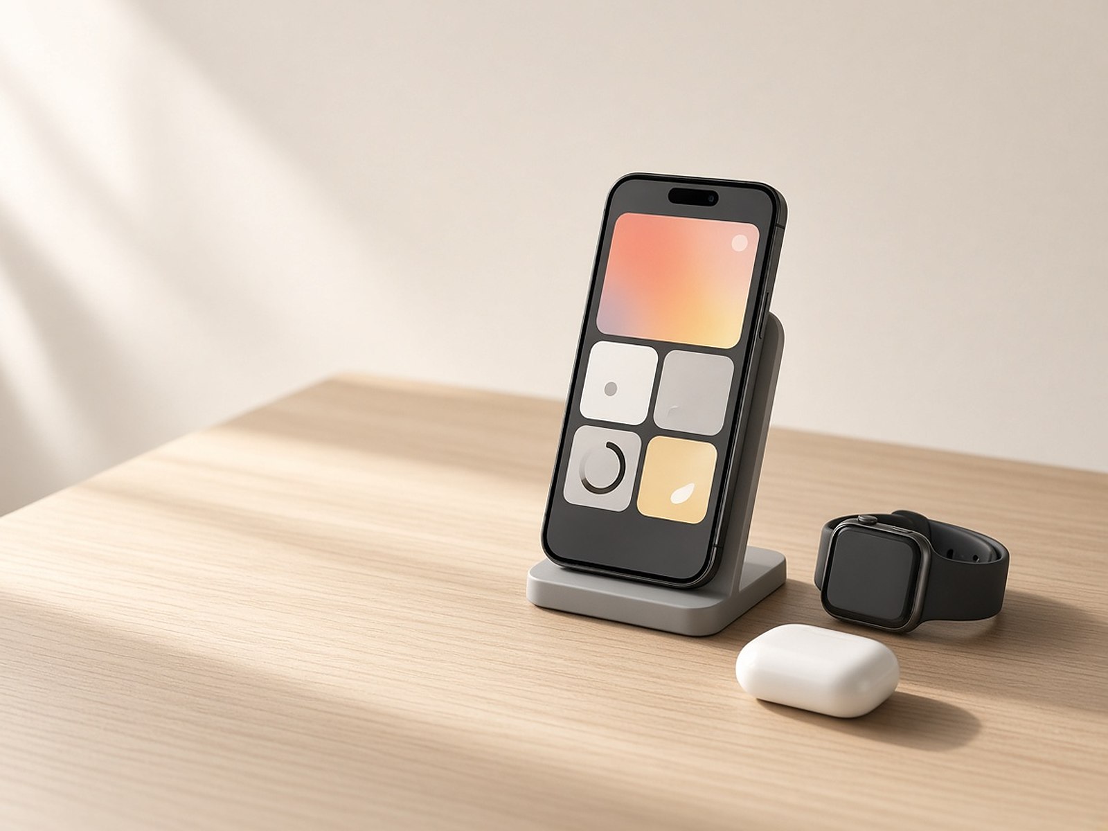 A phone on a wireless charging stand showing a personalised app layout, beside a smartwatch and earbuds