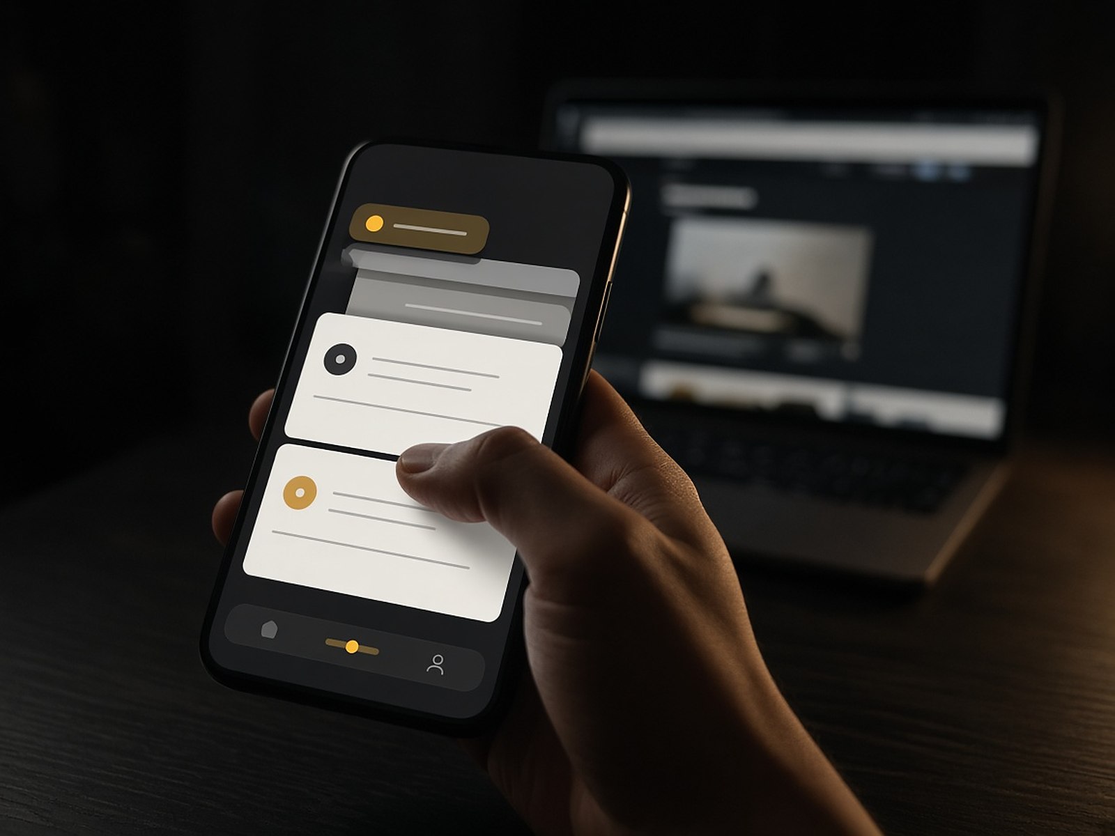 A thumb swiping through a mobile app as a notification arrives, with a laptop blurred in the background
