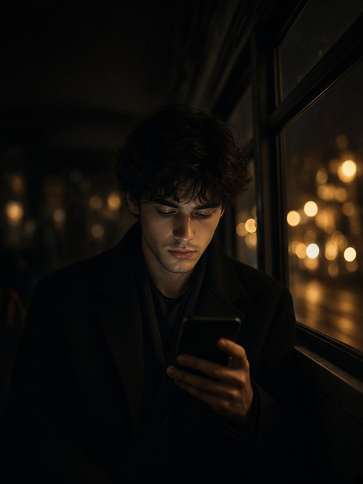 A person on an evening tram looking at their phone with calm focus, face lit by the screen
